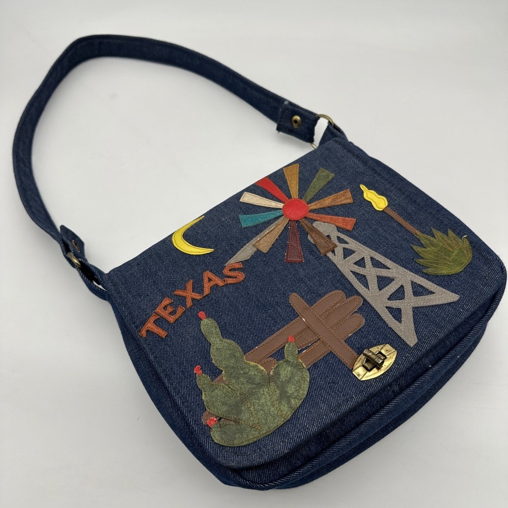 Vtg 60's AMERICANA Handbag Lone Star State‎ TEXAS Flower DENIM Shoulder EUC